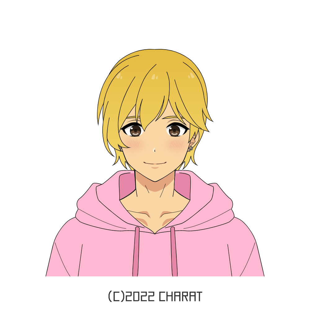 blond young man with brown eyes wearing a pink sweater